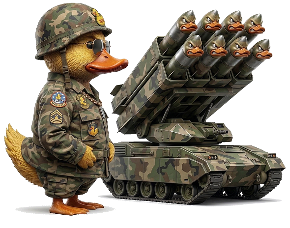 PATOS duck soldier standing beside a camouflage missile launcher tank