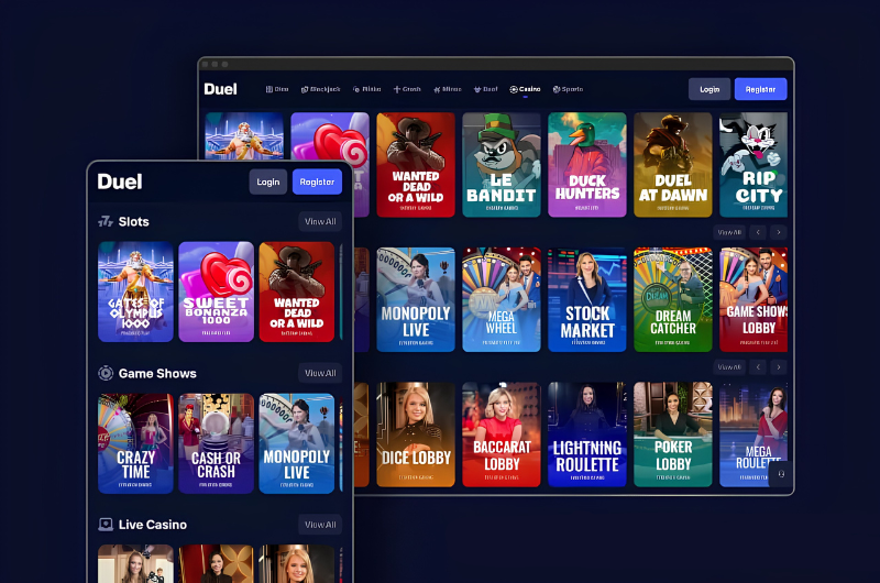 Duel Casino interface showing slots, game shows, and live casino sections