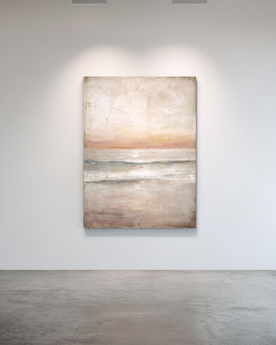 Sunset Tide II - Vertical portrait with cream and peach sky over soft ocean horizon