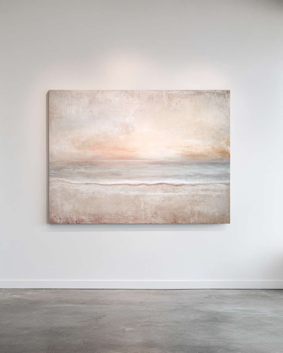 Blush Horizon - Soft pink and peach sunset glow over calm ocean and sand