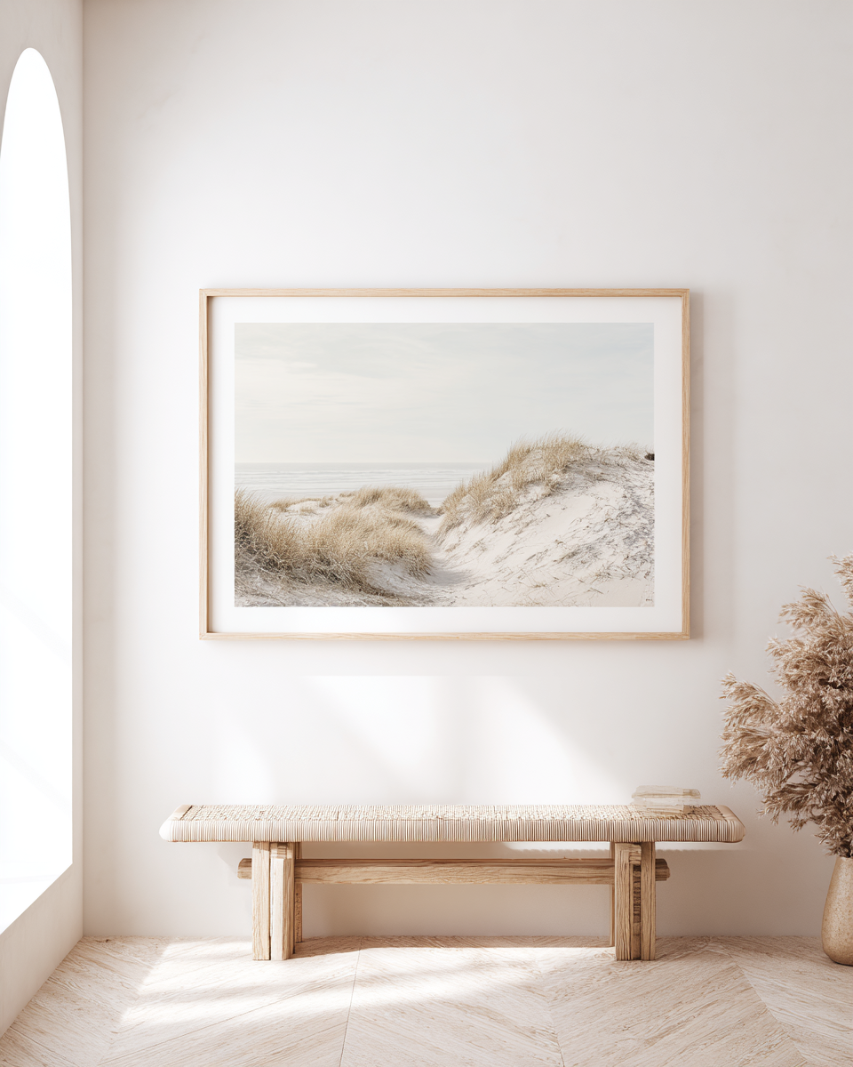 Dune Light - Sand dunes with golden beach grass overlooking calm ocean