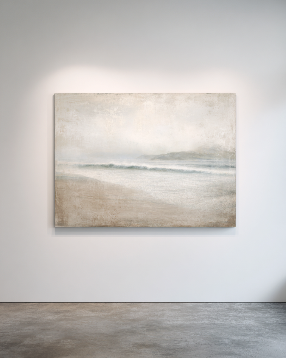 Fog and Surf III - Horizontal misty seascape with distant headland and breaking waves