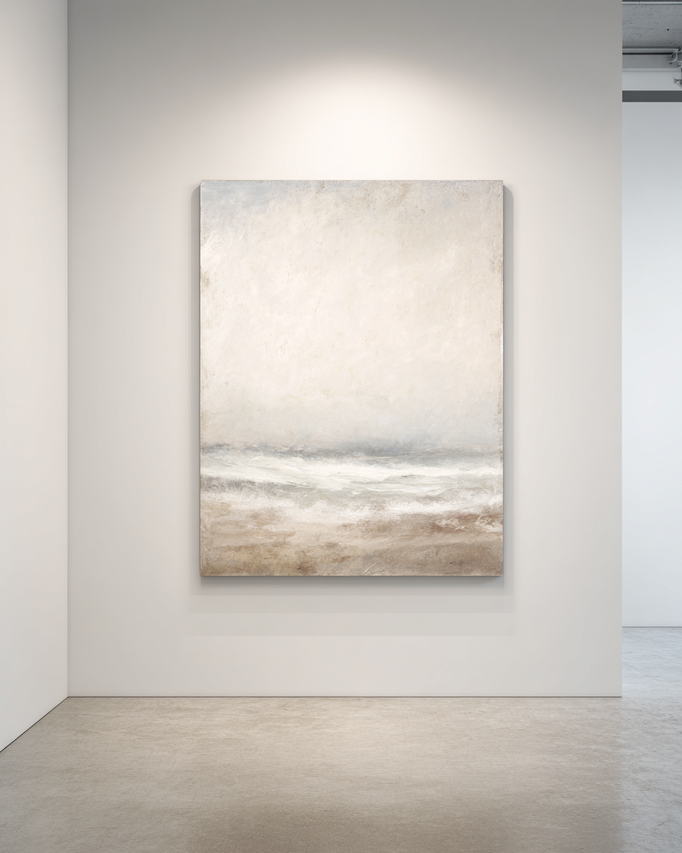 Fog and Surf - Vertical portrait with luminous cream-white sky and small wave at bottom