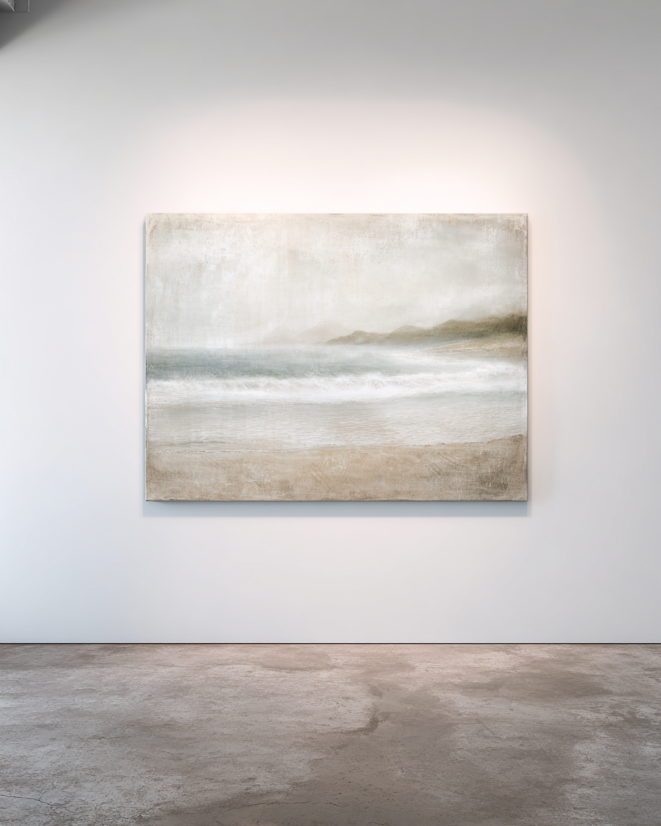 Fog and Surf II - Misty atmosphere with distant headland, waves and sand