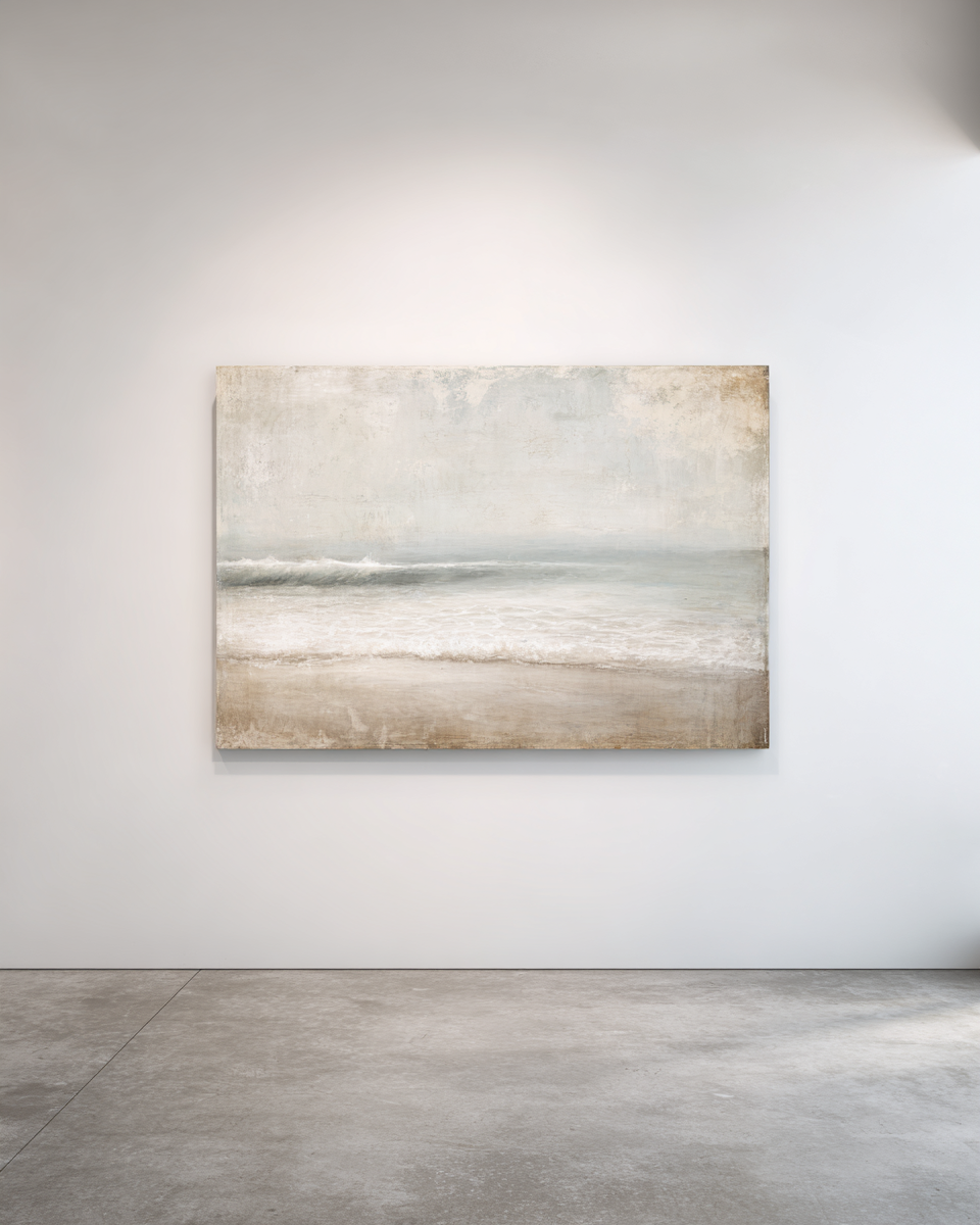 Quiet Surf - Horizontal seascape with muted grey-green sky and gentle wave on sandy beach