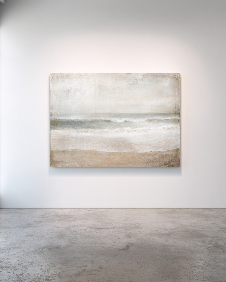 Quiet Surf II - Grey sky with breaking waves and sandy beach in neutral tones