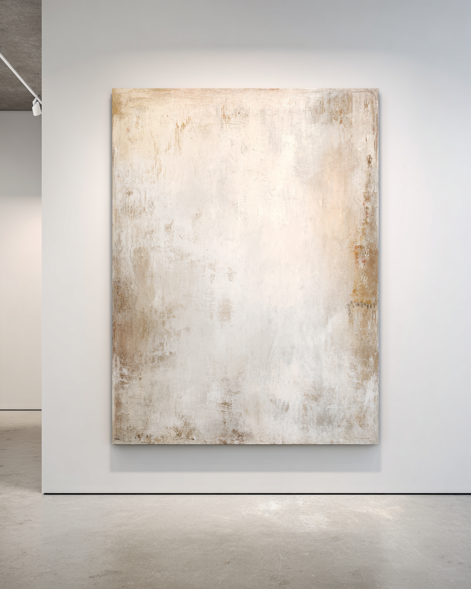 Vertical bright and airy abstract with luminous white center and warm sand-ochre textured edges