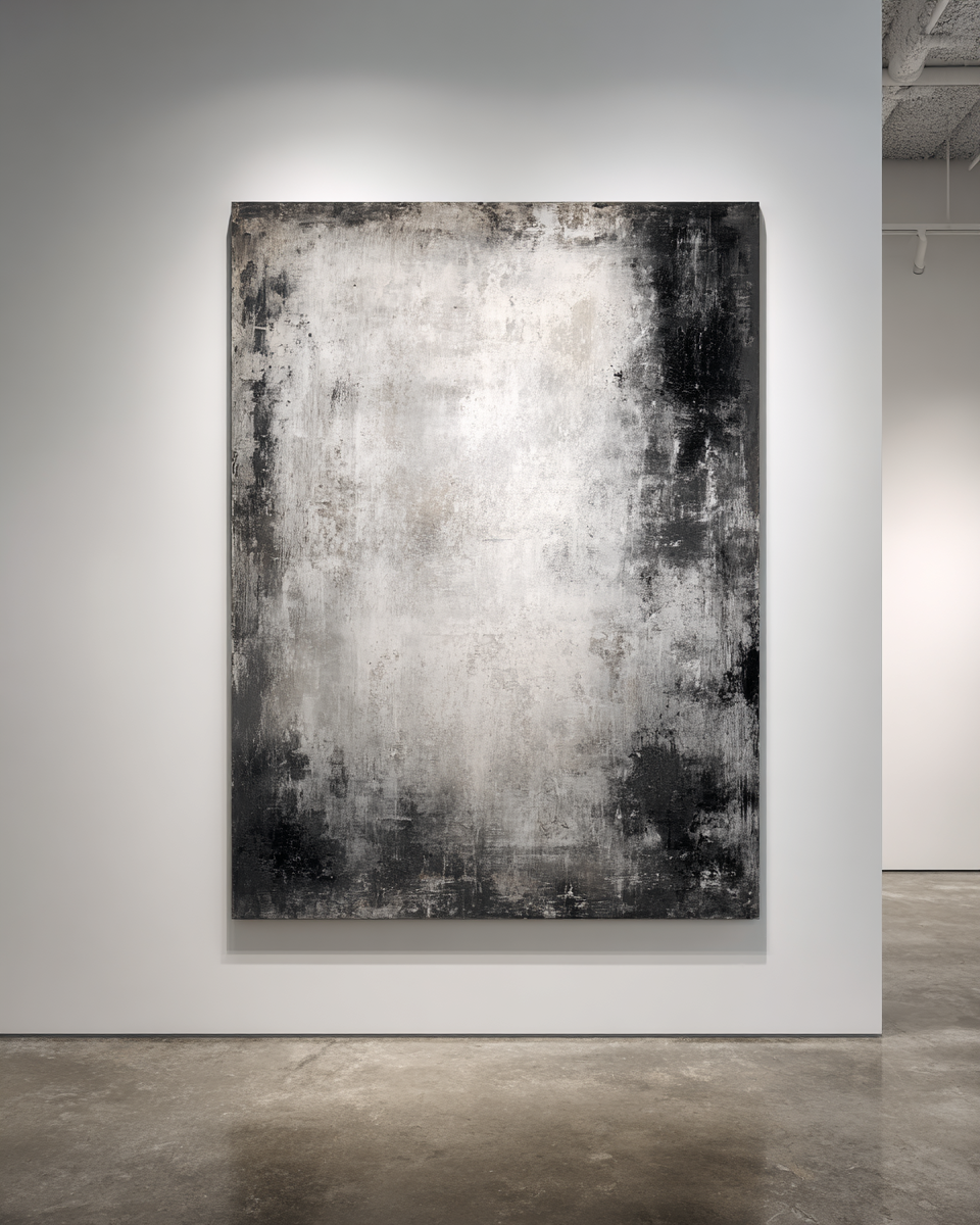 Dramatic vertical piece with luminous white center and dark charcoal vignette