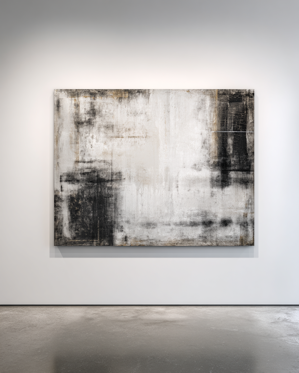 Large horizontal abstract with white center and charcoal-black edges with bronze accents
