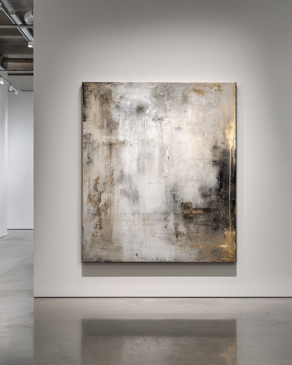 Vertical abstract with grey-white tones and gold-bronze accents on charcoal