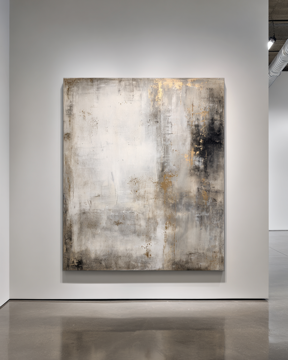 Vertical monochromatic abstract with grey-white center and charcoal edges with gold accents