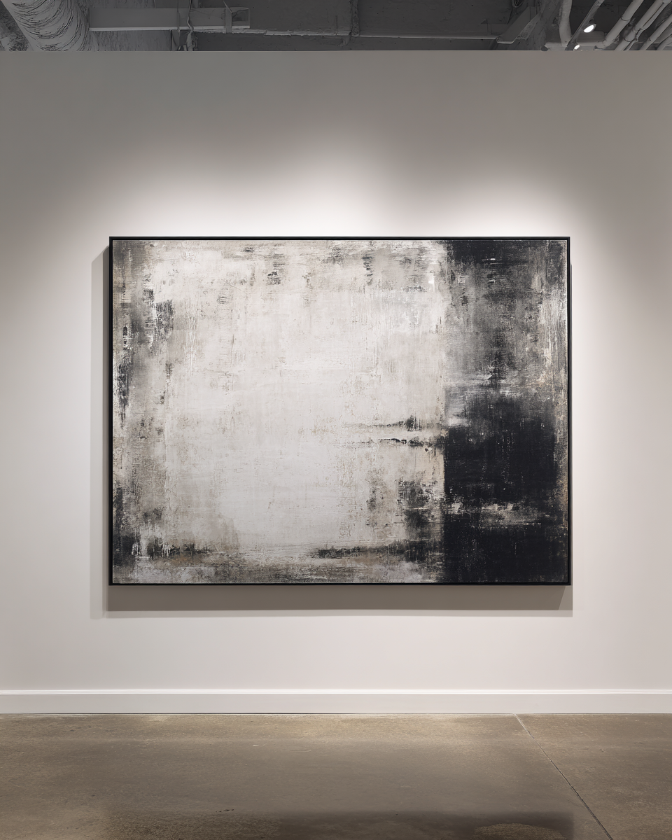 Large framed horizontal abstract with white center and black corners