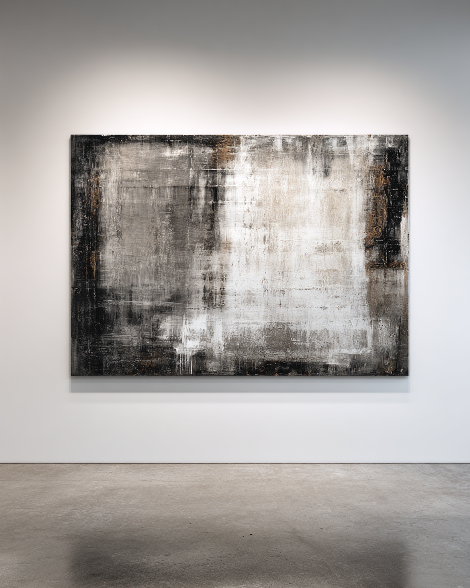 Large horizontal piece with dramatic black-charcoal and white contrast with bronze accents
