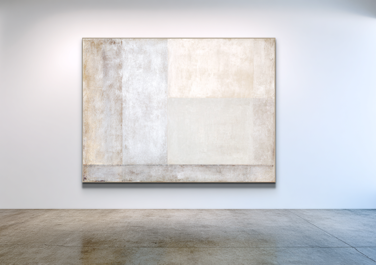 Horizontal geometric abstract with cream, grey, and beige vertical and horizontal color blocks