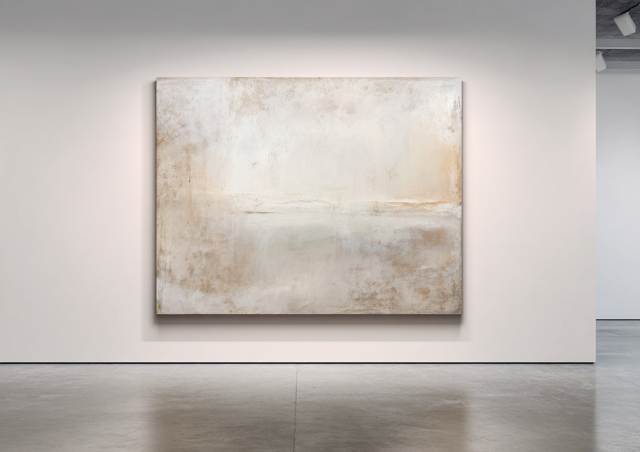 Large horizontal piece with soft cream and warm ochre tones with subtle horizon line