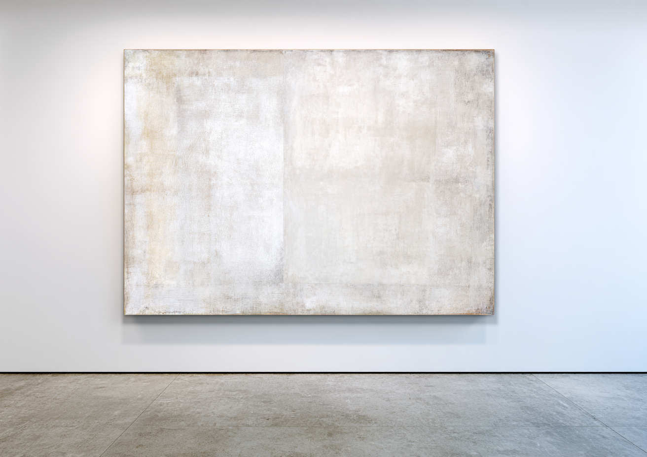 Large horizontal minimalist piece with soft white and cream tones and subtle geometric blocking