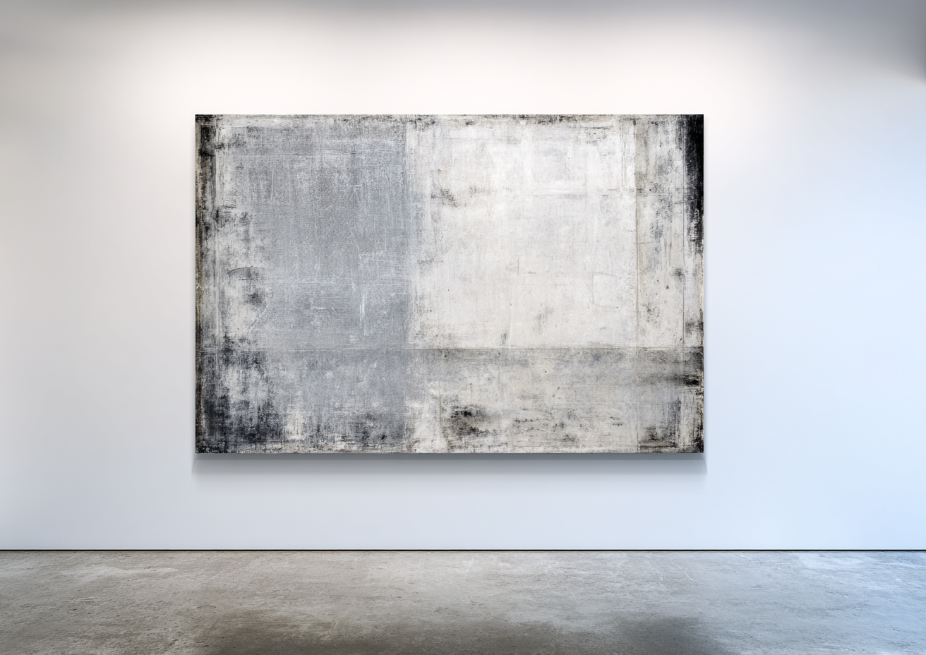 Large horizontal abstract with grey geometric blocks and charcoal edges