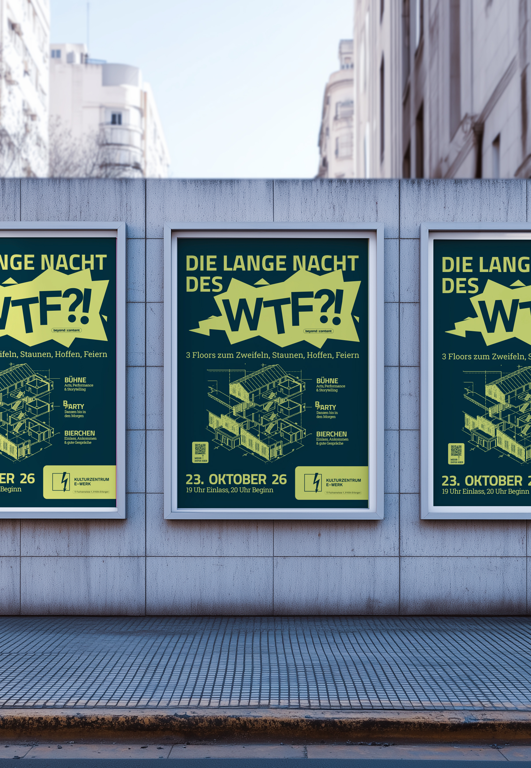 E-Werk-Kampagnenplakat mit dem Schriftzug ‚Die lange Nacht des WTF?!‘