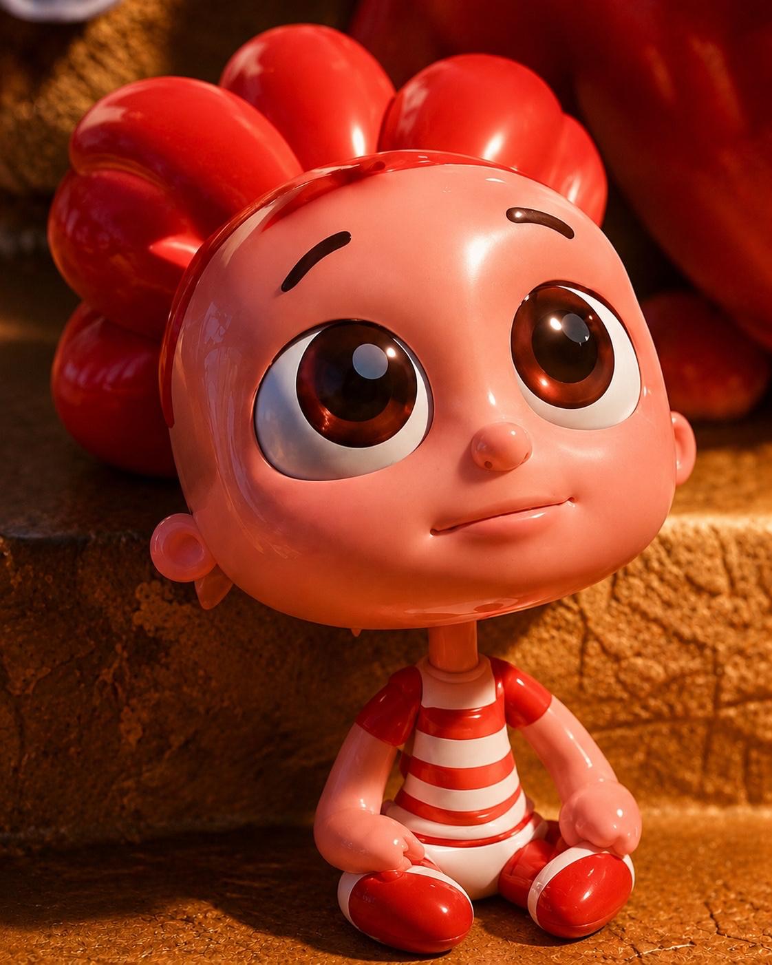 A cheerful red-and-pink Balloonites character