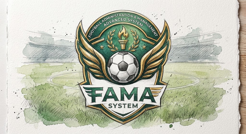FAMA System emblem featuring a winged shield, torch, laurel and football