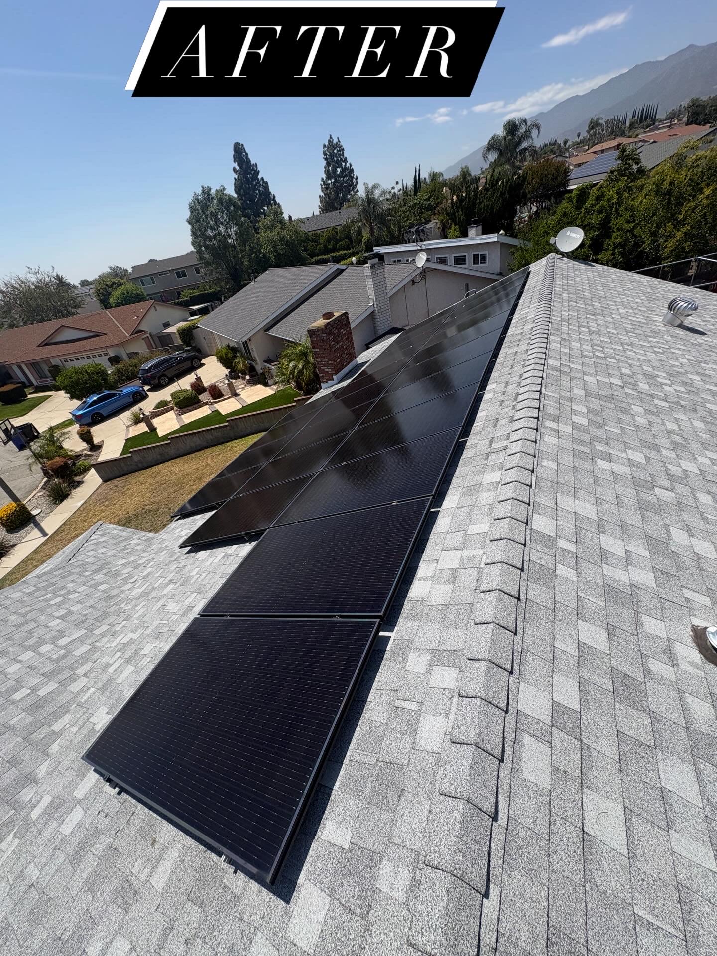 Clean solar panels with mountain view