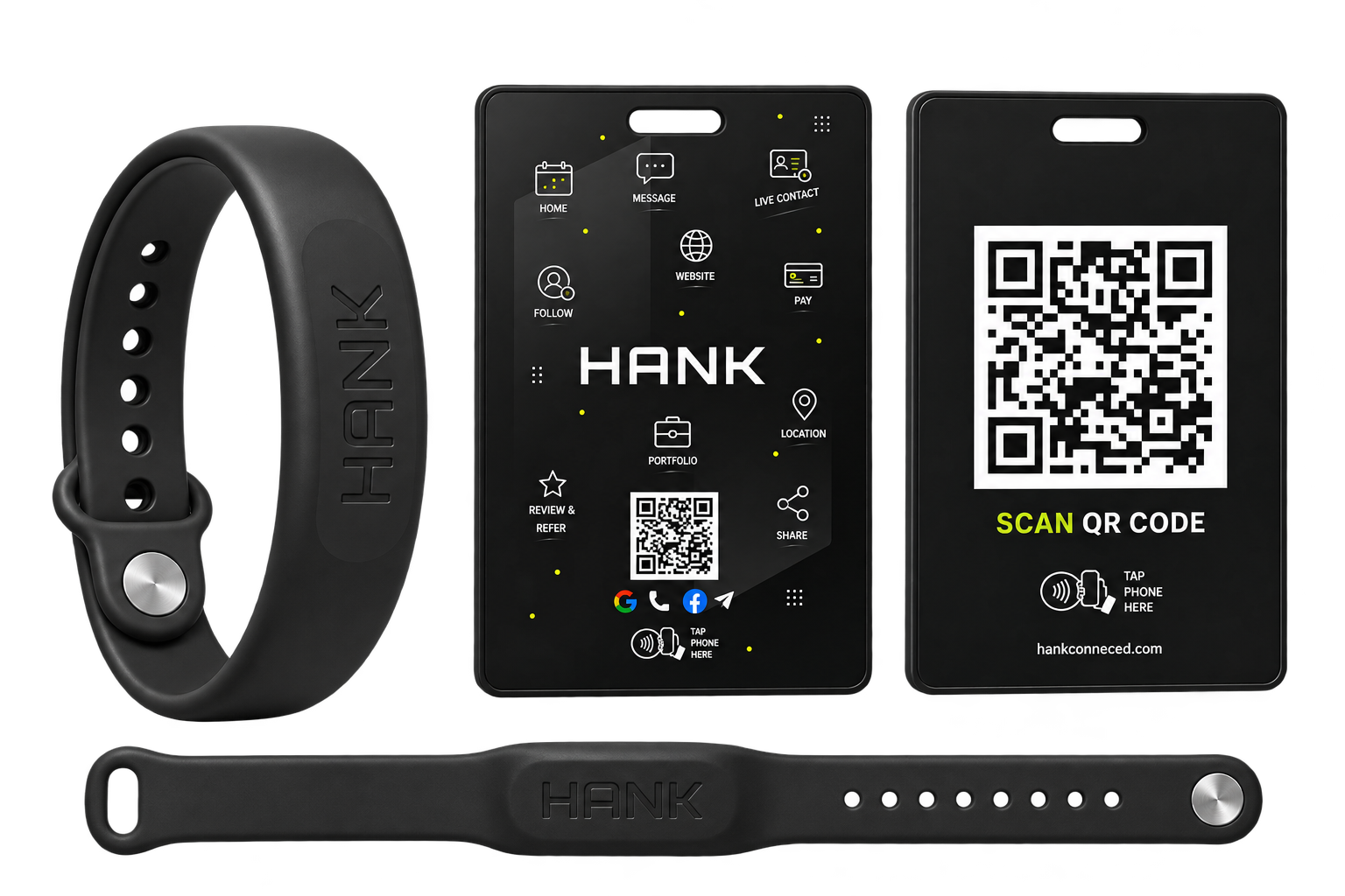 Hank Band wristband and NFC review card, front and back