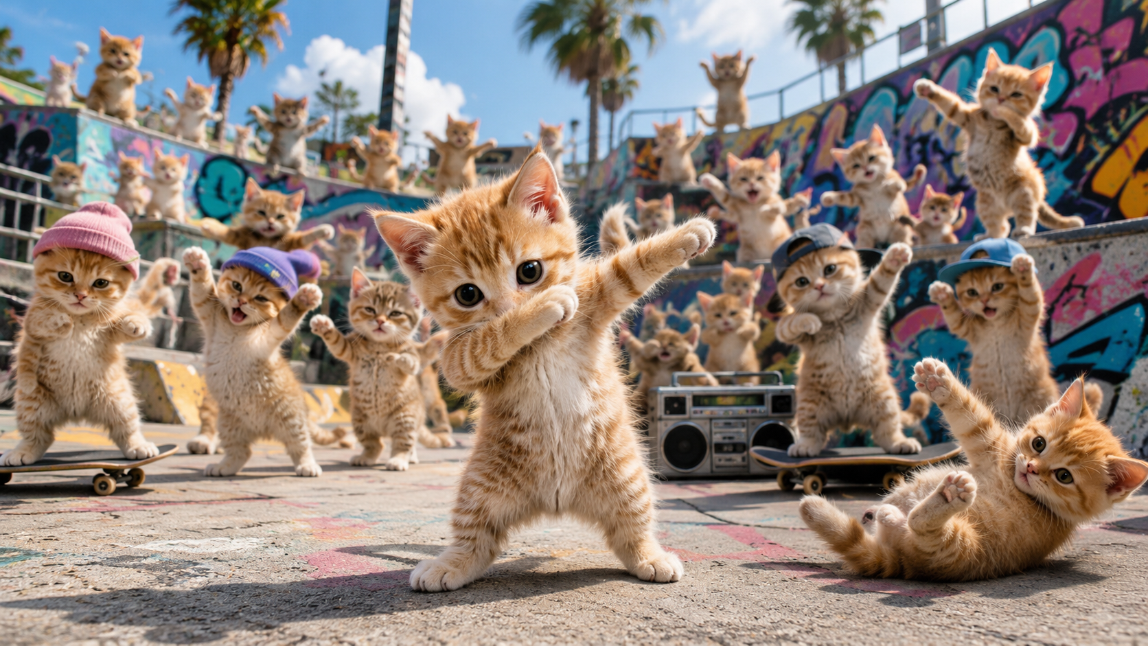 Kitten doing the dab at skatepark