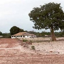 Weißes Farmhaus mit Baum in roter Sandlandschaft