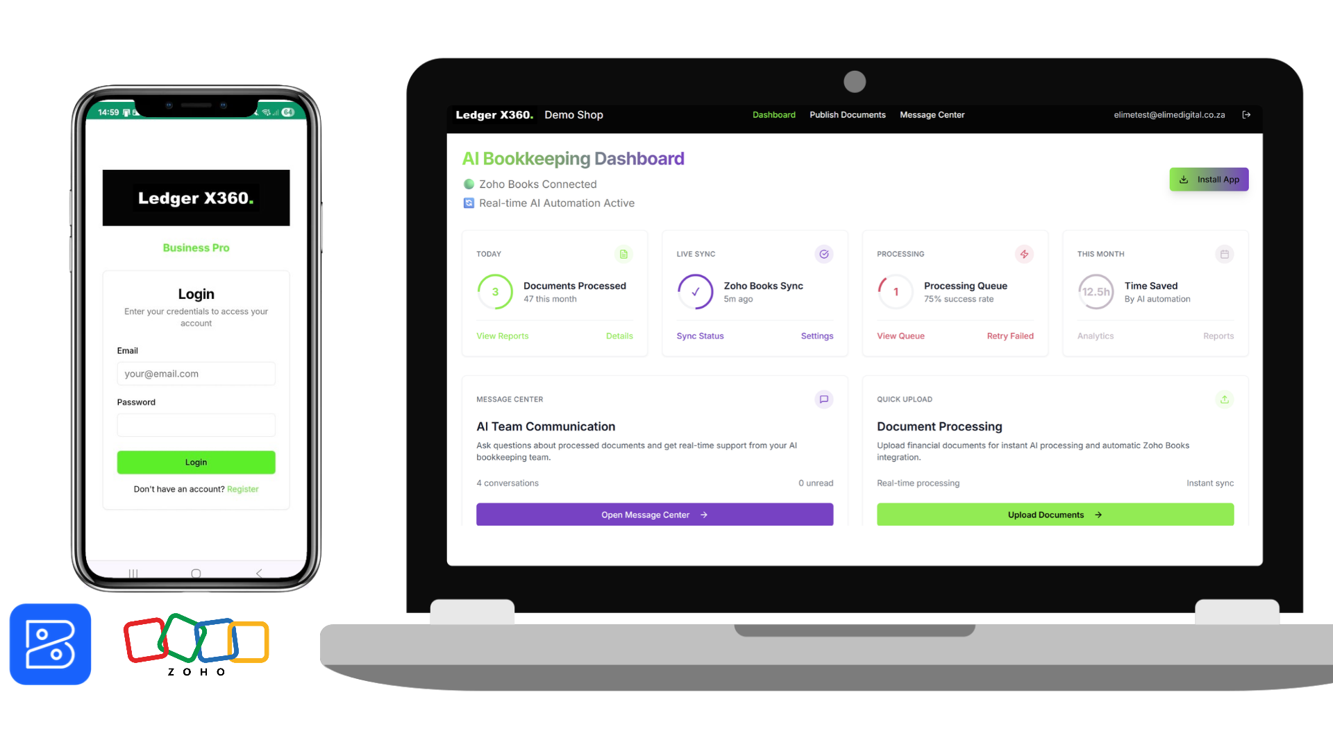 LedgerX360 dashboard on laptop and phone with Zoho logos