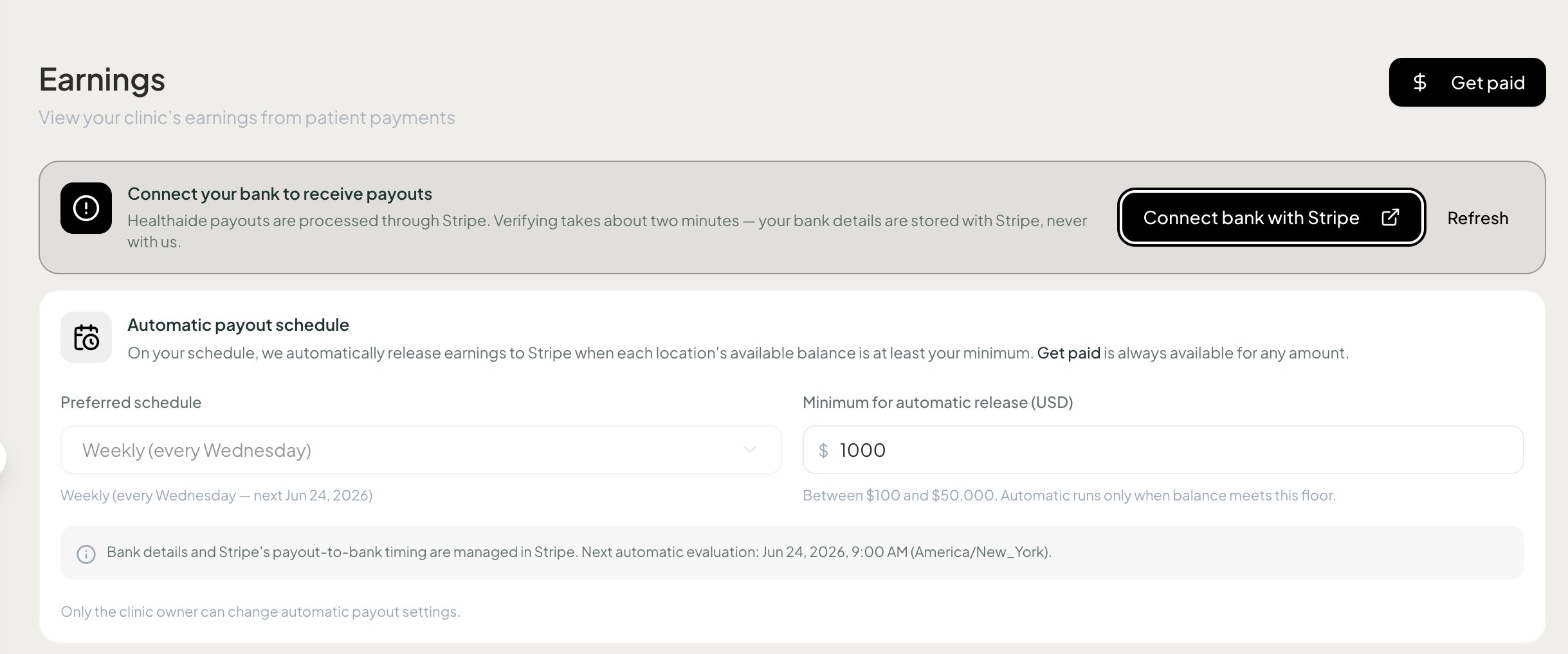 Earnings page showing the Connect your bank to receive payouts banner
