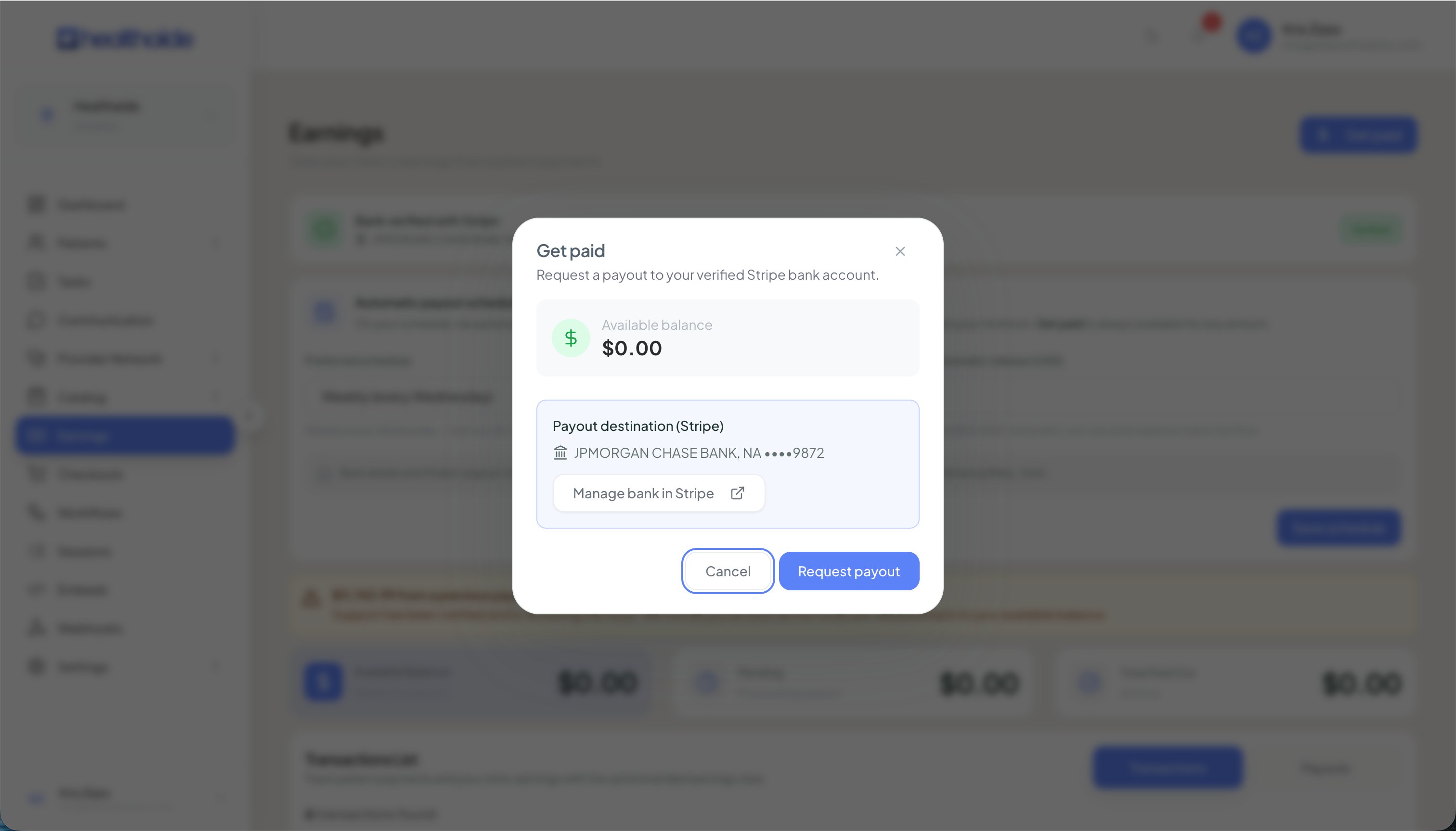 Get paid modal showing available balance and payout destination