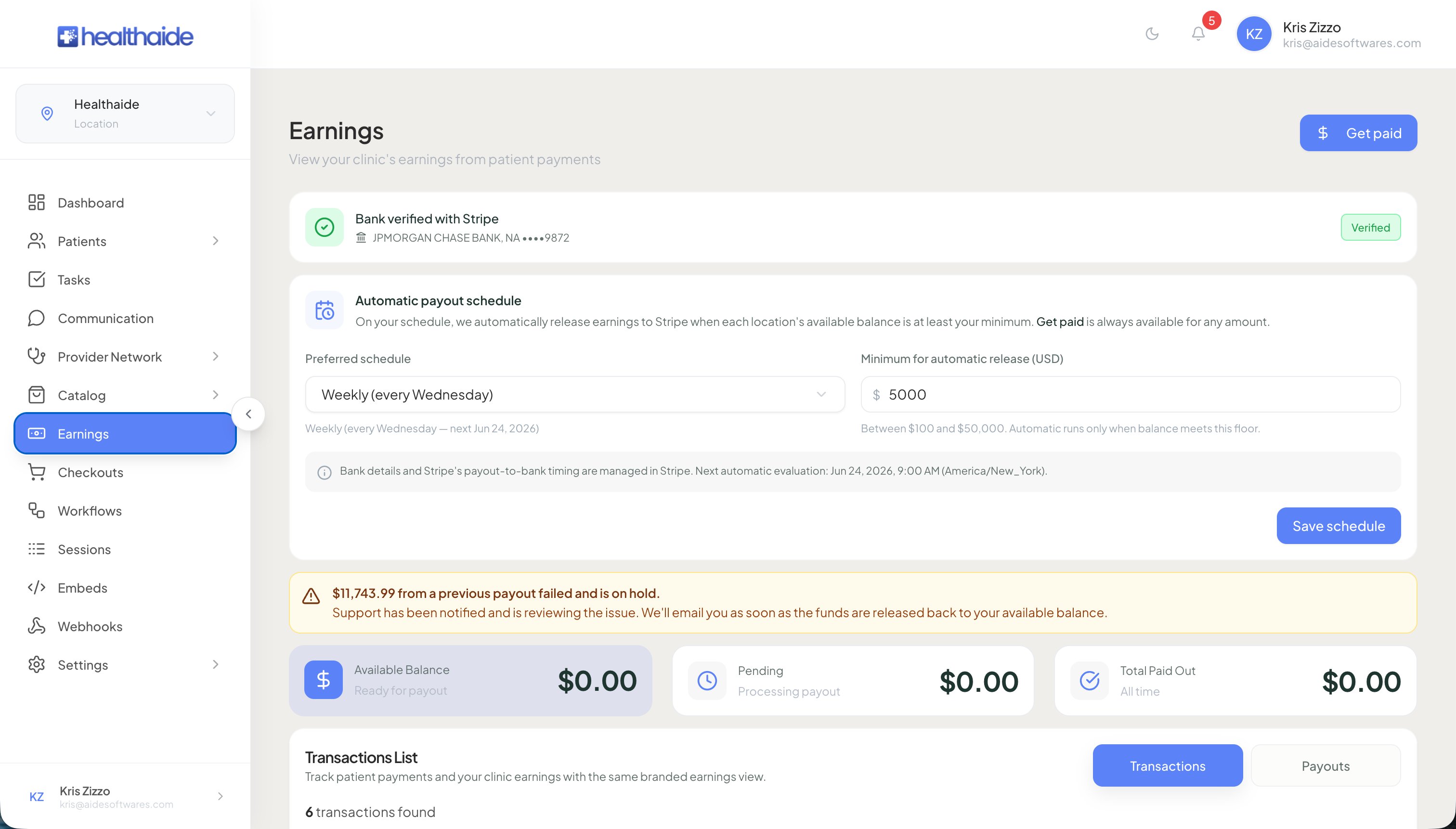 Clinic portal left navigation with Earnings highlighted
