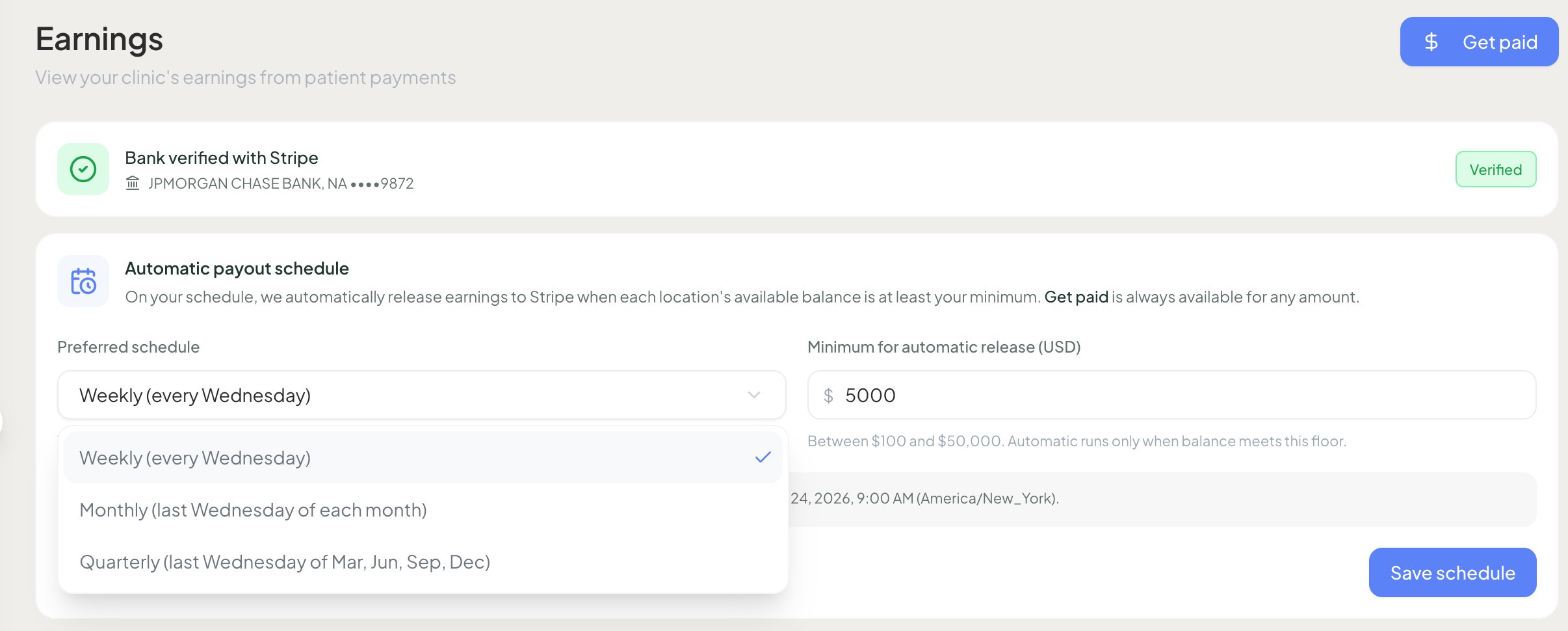 Automatic payout schedule settings showing preferred schedule dropdown and minimum release amount