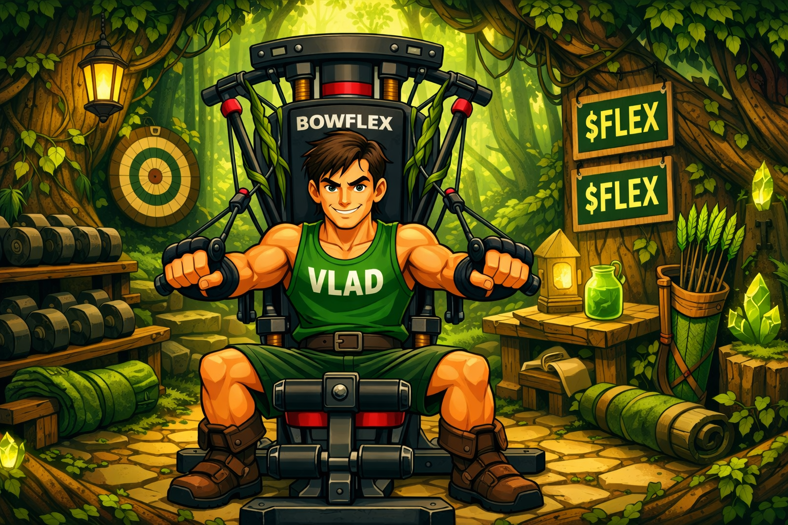 Vlad the Greenbow seated on his BOWFLEX machine in a lush jungle gym surrounded by $FLEX signs