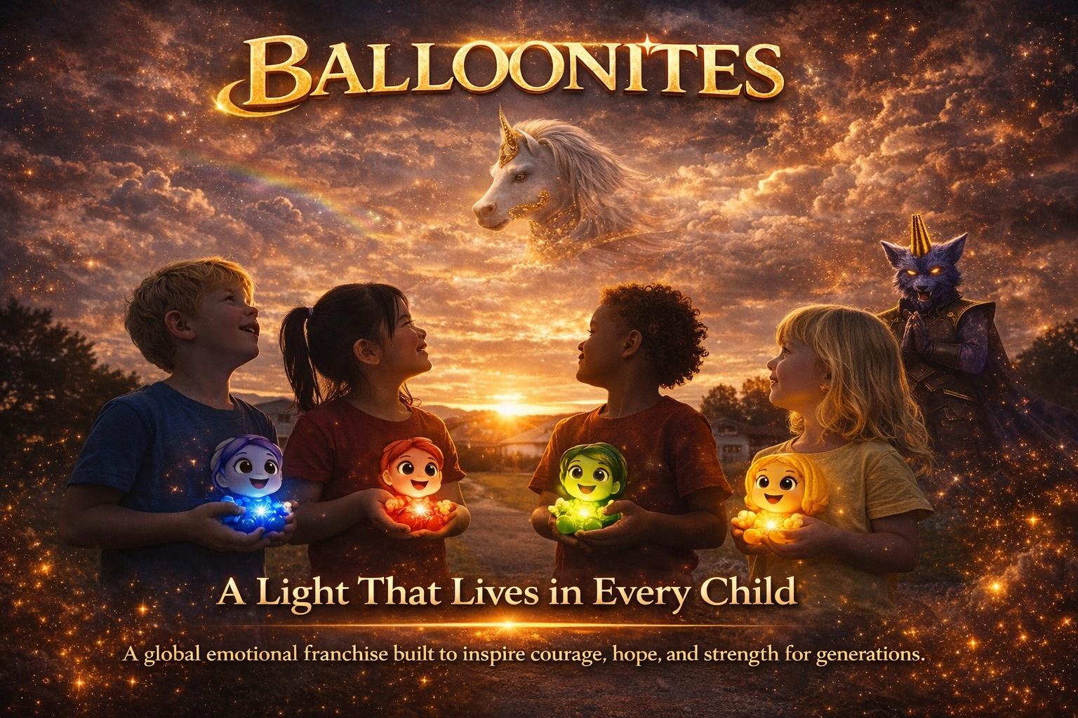 The four Balloonites characters glowing in children's hands beneath a starry sunset sky, with a unicorn and a shadowy wolf figure watching above. Text reads: A Light That Lives in Every Child — a global emotional franchise built to inspire courage, hope, and strength for generations.