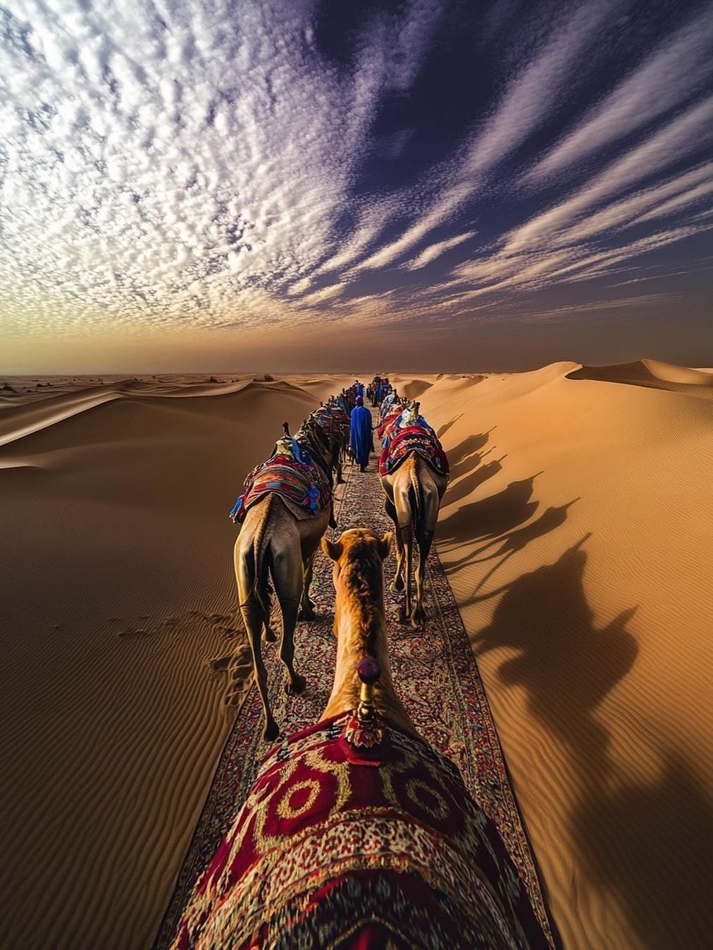 First-person POV from a camel looking down the caravan line with dramatic sky