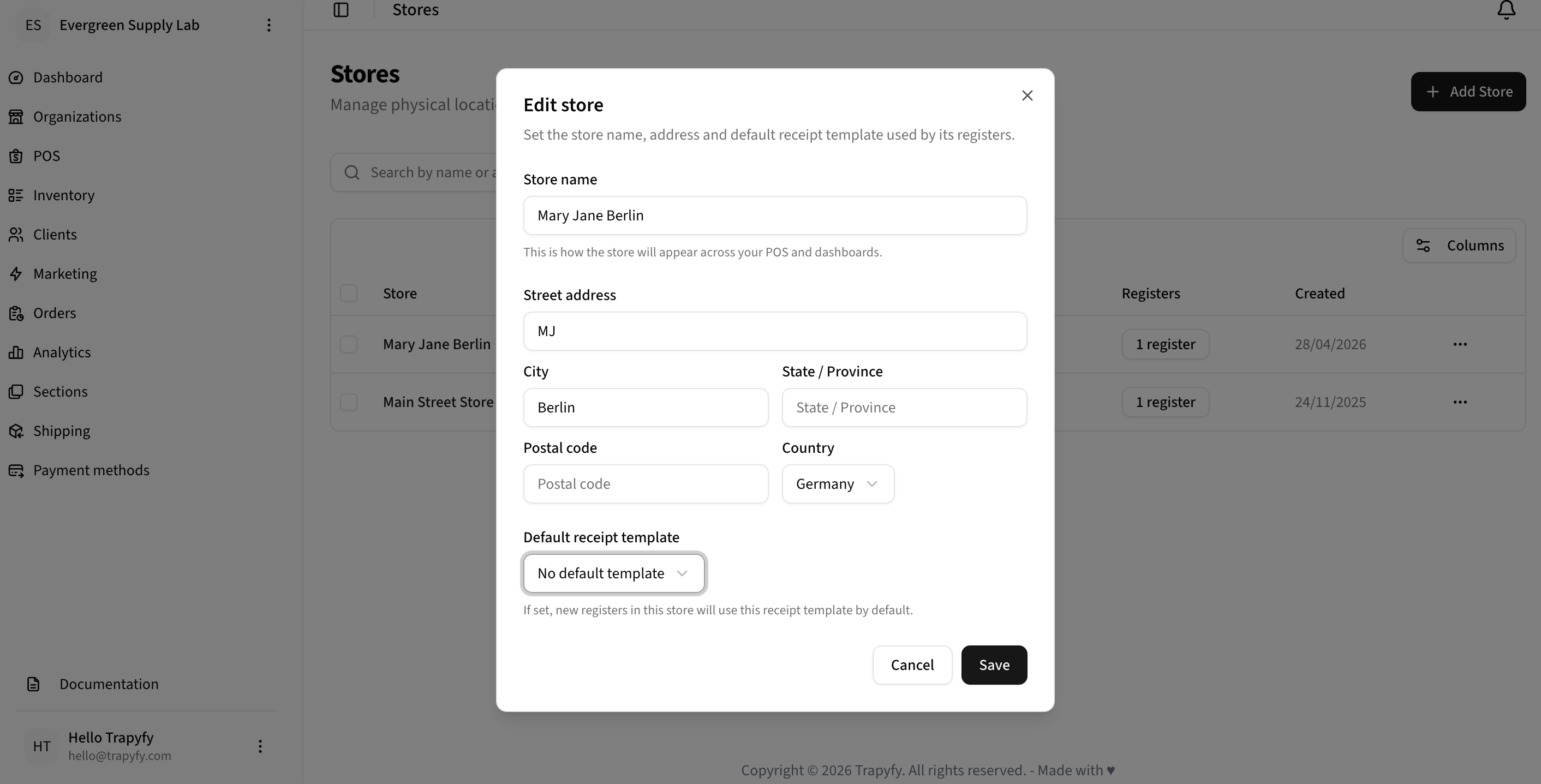 Edit store modal showing Store name Mary Jane Berlin, address MJ Berlin, and Default receipt template