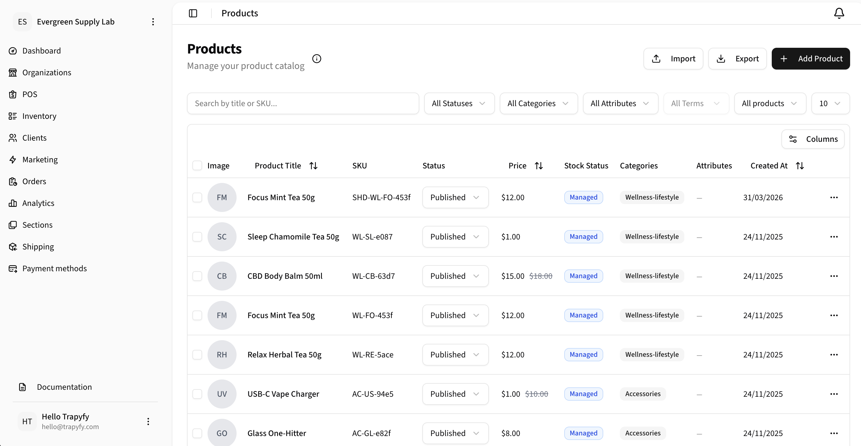 Products list showing catalog items with Product Title, SKU, Status, Price, Stock Status, Categories, and Created At columns, with Import, Export, and Add Product actions