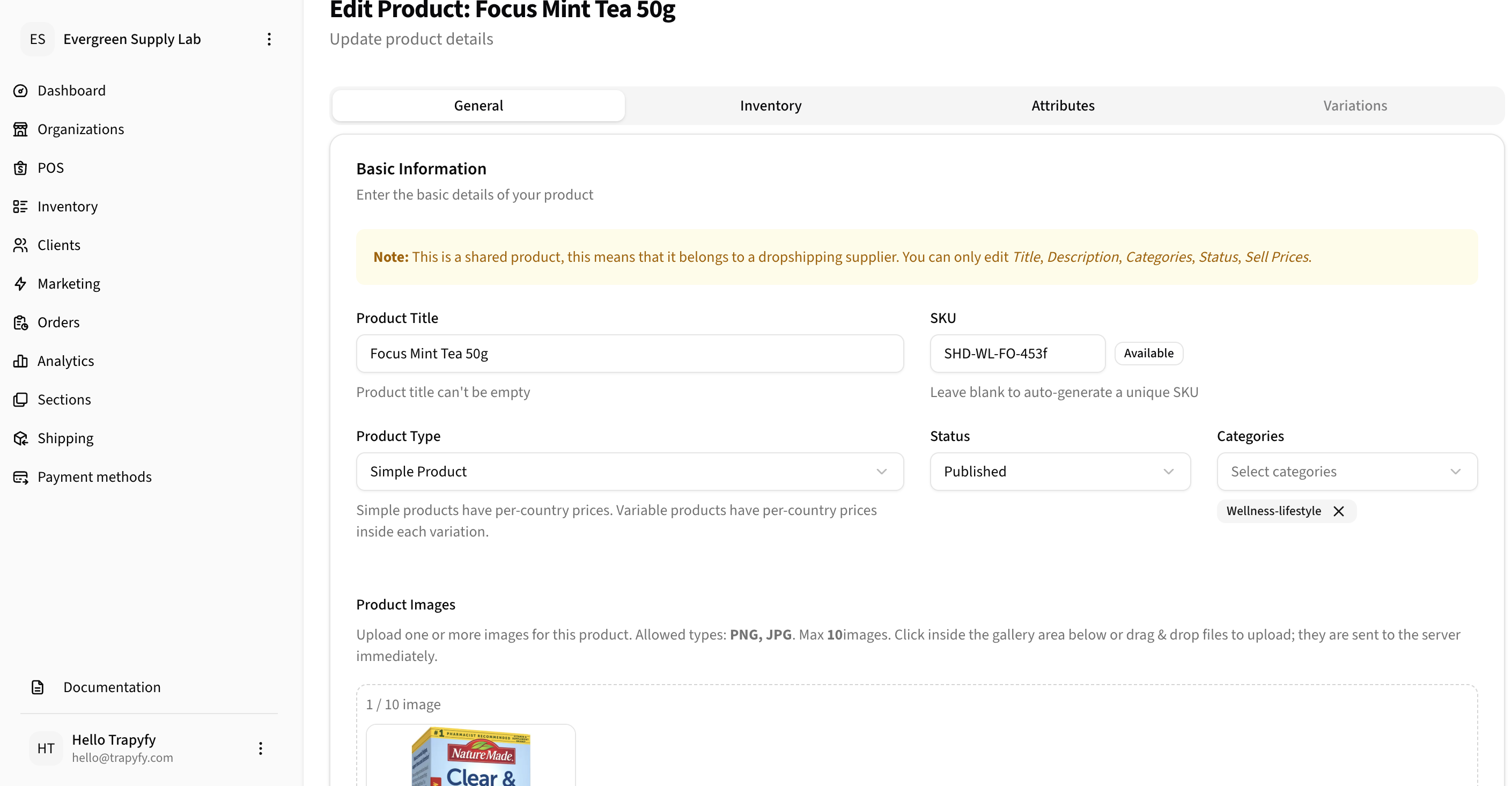 Edit product General tab showing a shared product with title Focus Mint Tea 50g, SKU, Product Type (Simple), Status (Published), Categories (Wellness-lifestyle), and a shared product restriction banner