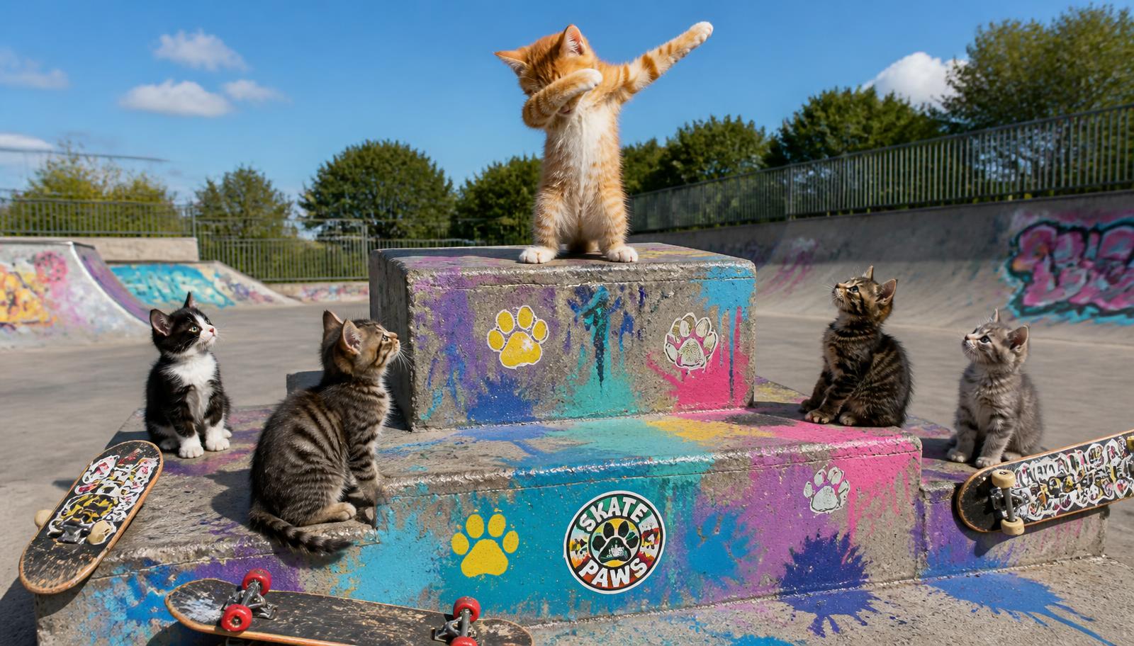 Kitten on podium dabbing with crowd watching