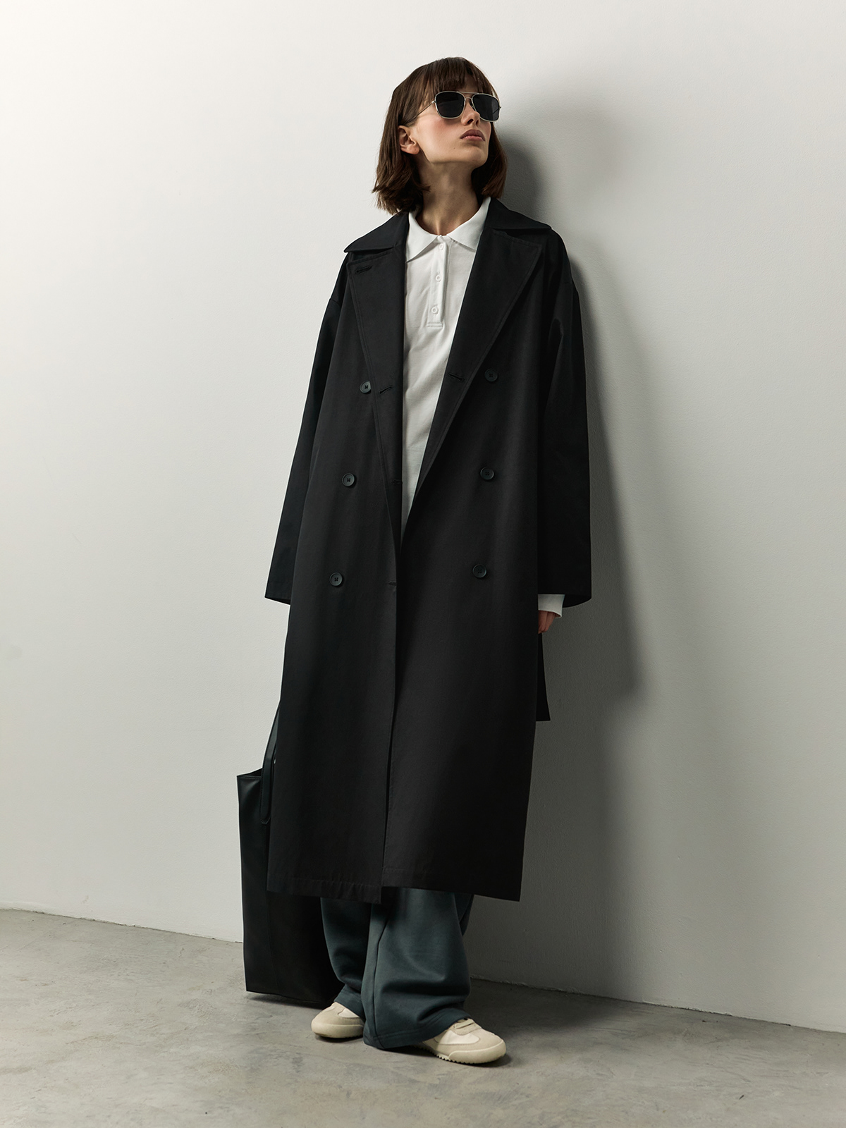 Lookbook — black trench coat, wide-leg trousers