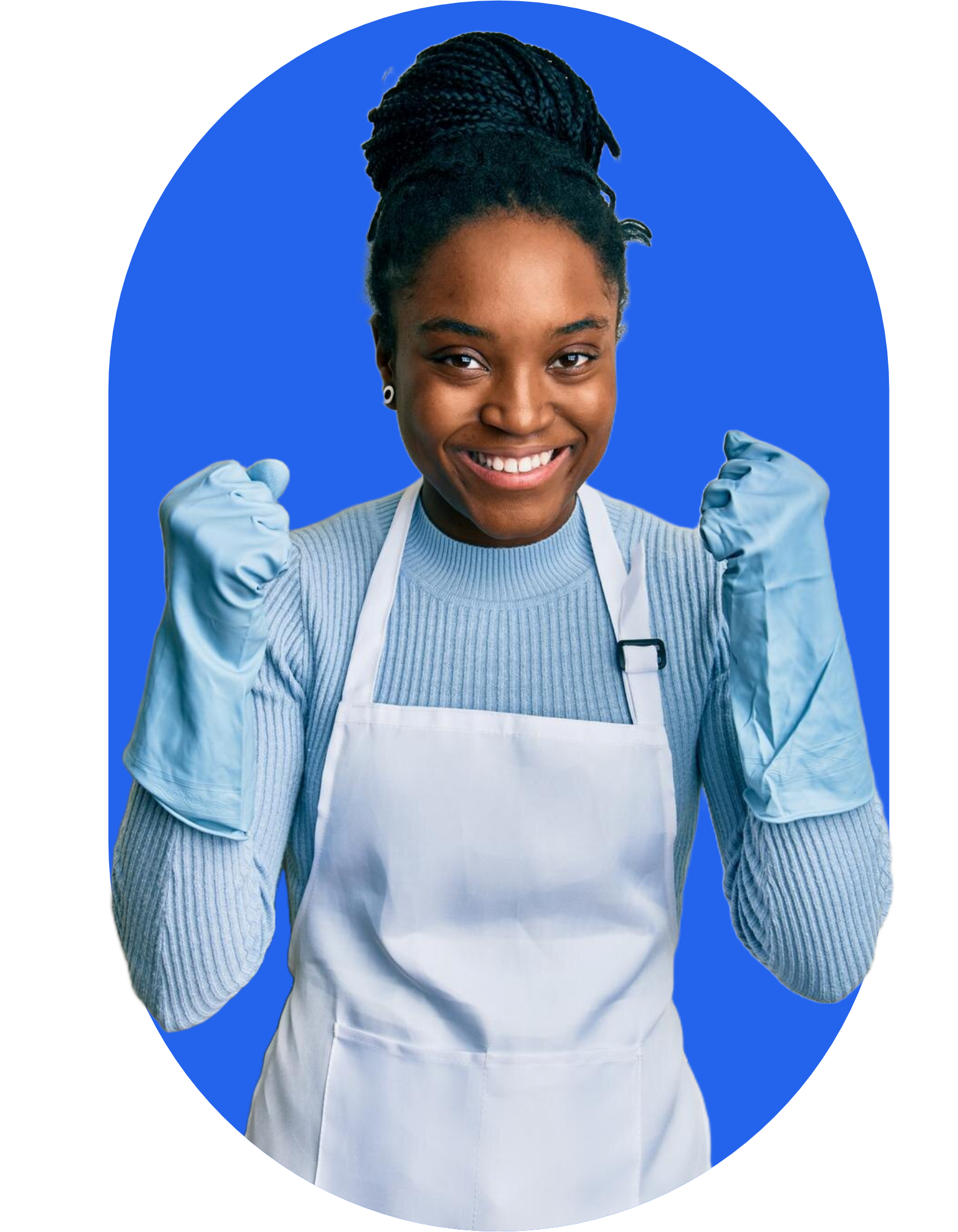 Professional cleaning service provider in blue sweater showing enthusiasm