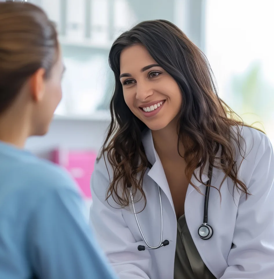 Female doctor with stethoscope smiling at patient during consultation