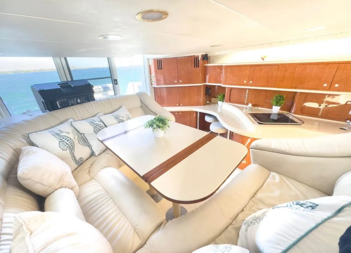 Luxury yacht cabin interior with ocean views