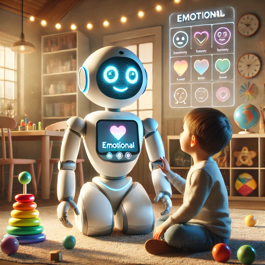 A friendly robot with LED display teaching emotions to a child in a warm educational setting