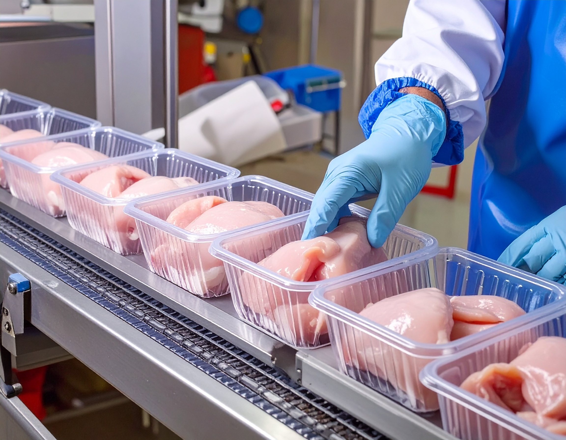 Trabajadores empacando pechugas de pollo