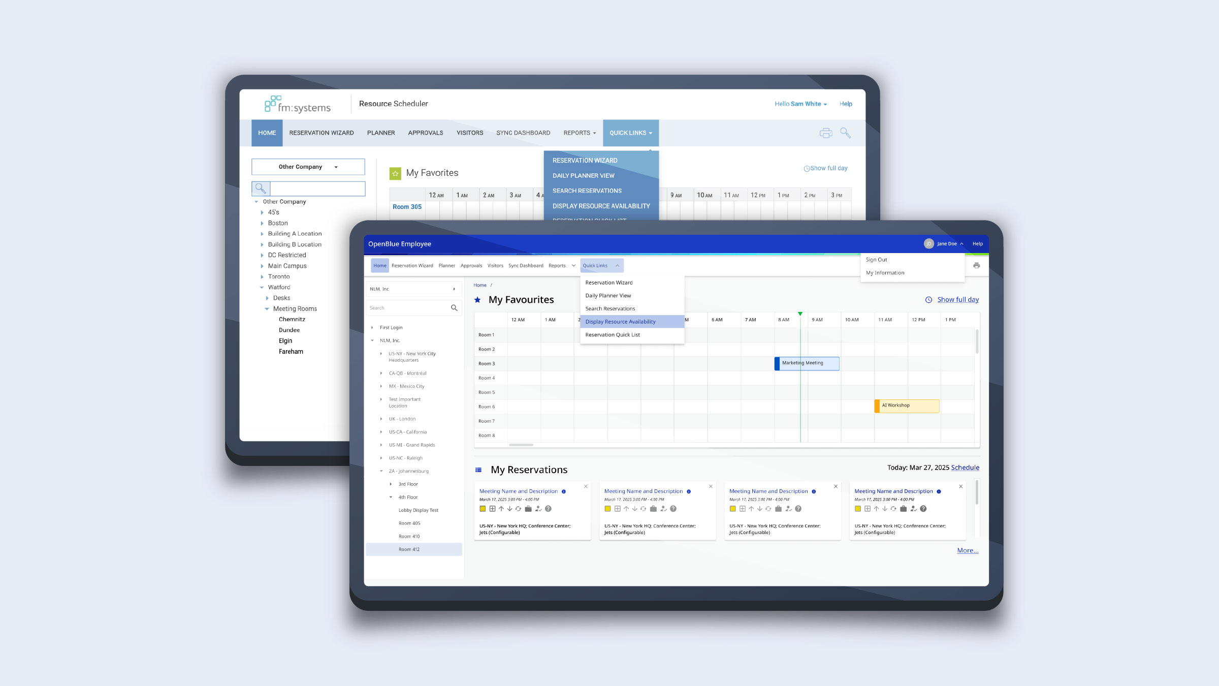 Two tablets stacked, showing the legacy fm:systems Resource Scheduler interface behind the modernised OpenBlue Employee interface with its blue header and Quick Links menu