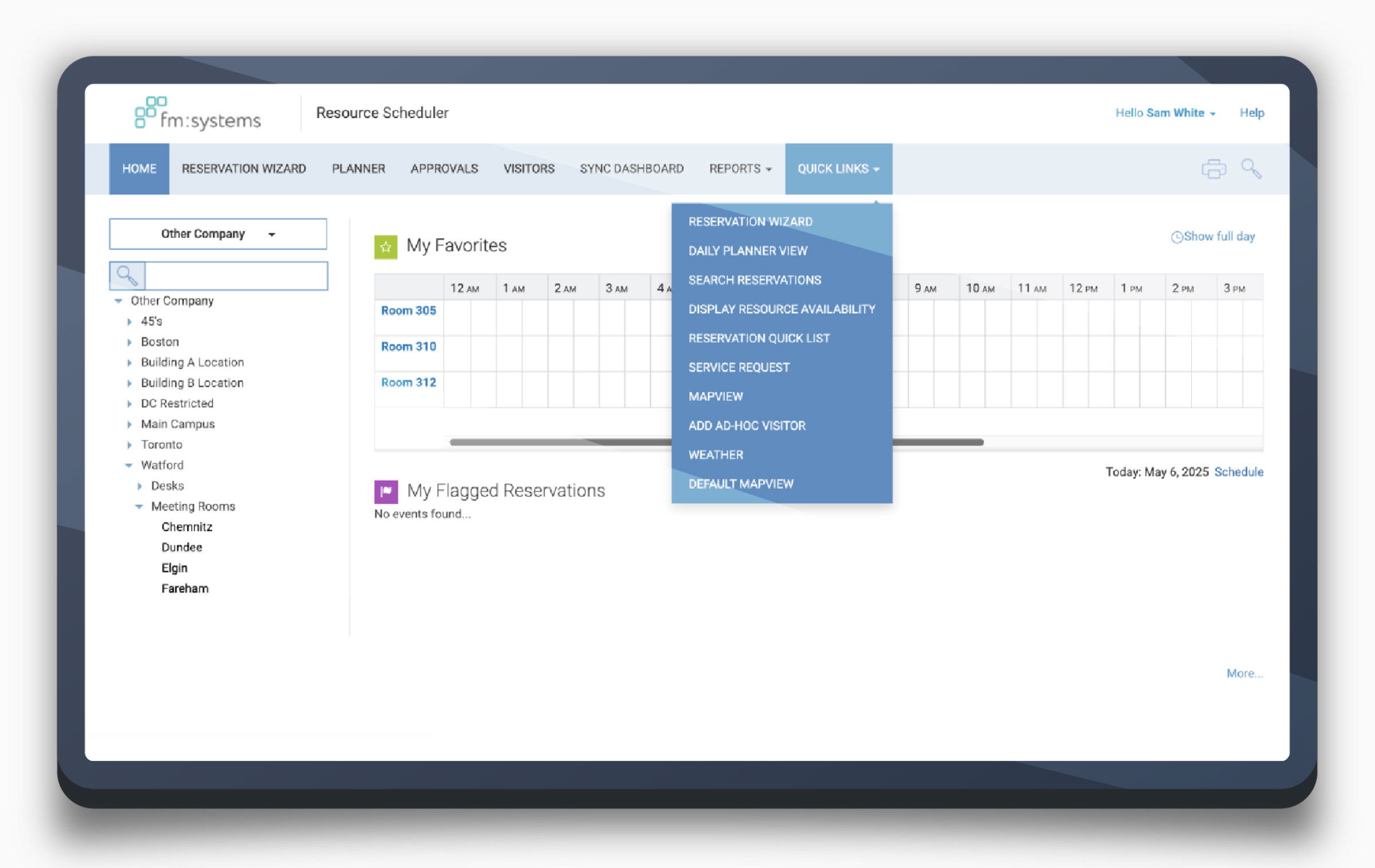 The legacy fm:systems Resource Scheduler interface on a tablet, showing a dated blue toolbar with an open Quick Links dropdown menu