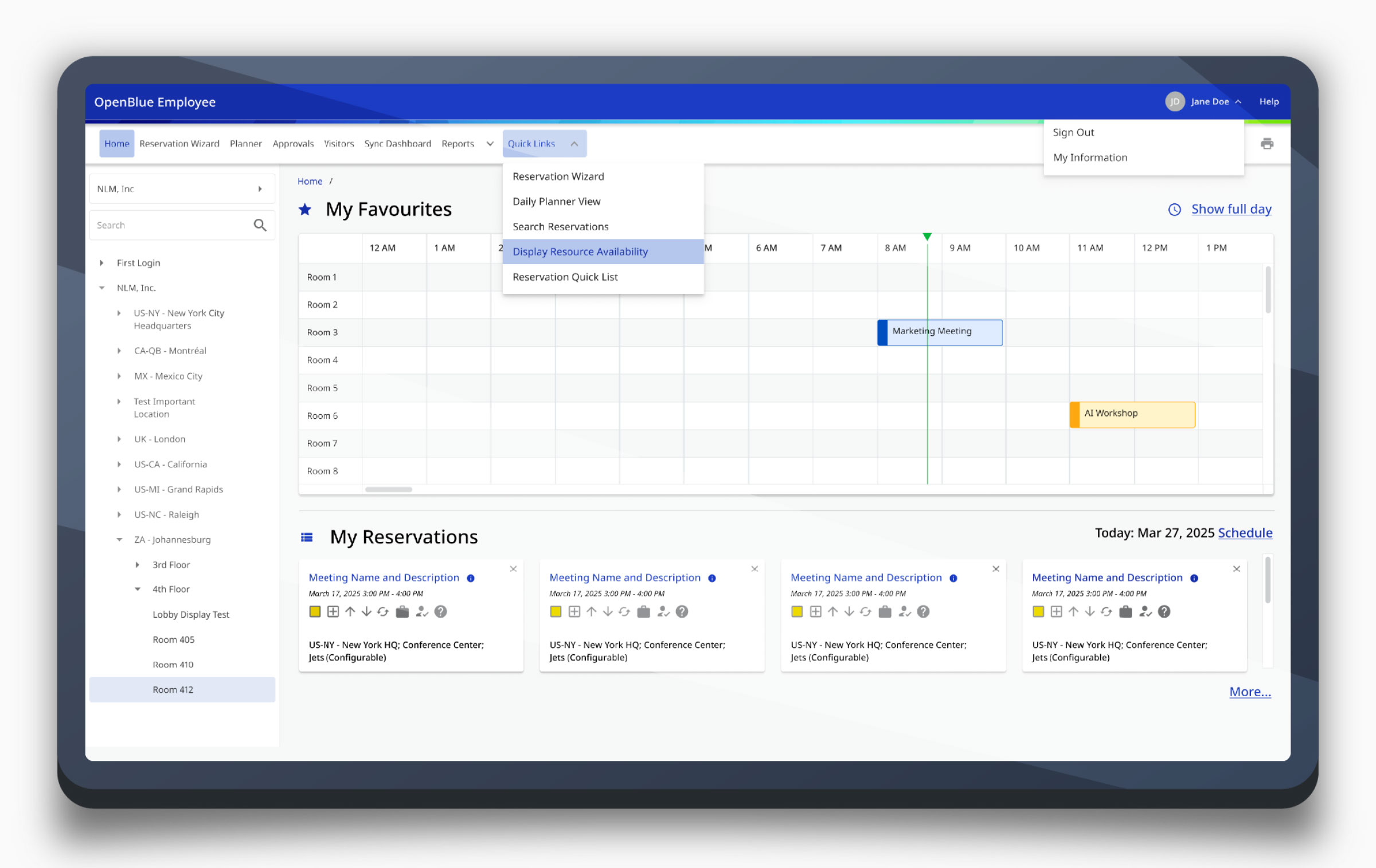 The modernised OpenBlue Employee interface on a tablet, with a blue header, an open Quick Links dropdown, and My Favourites and My Reservations panels