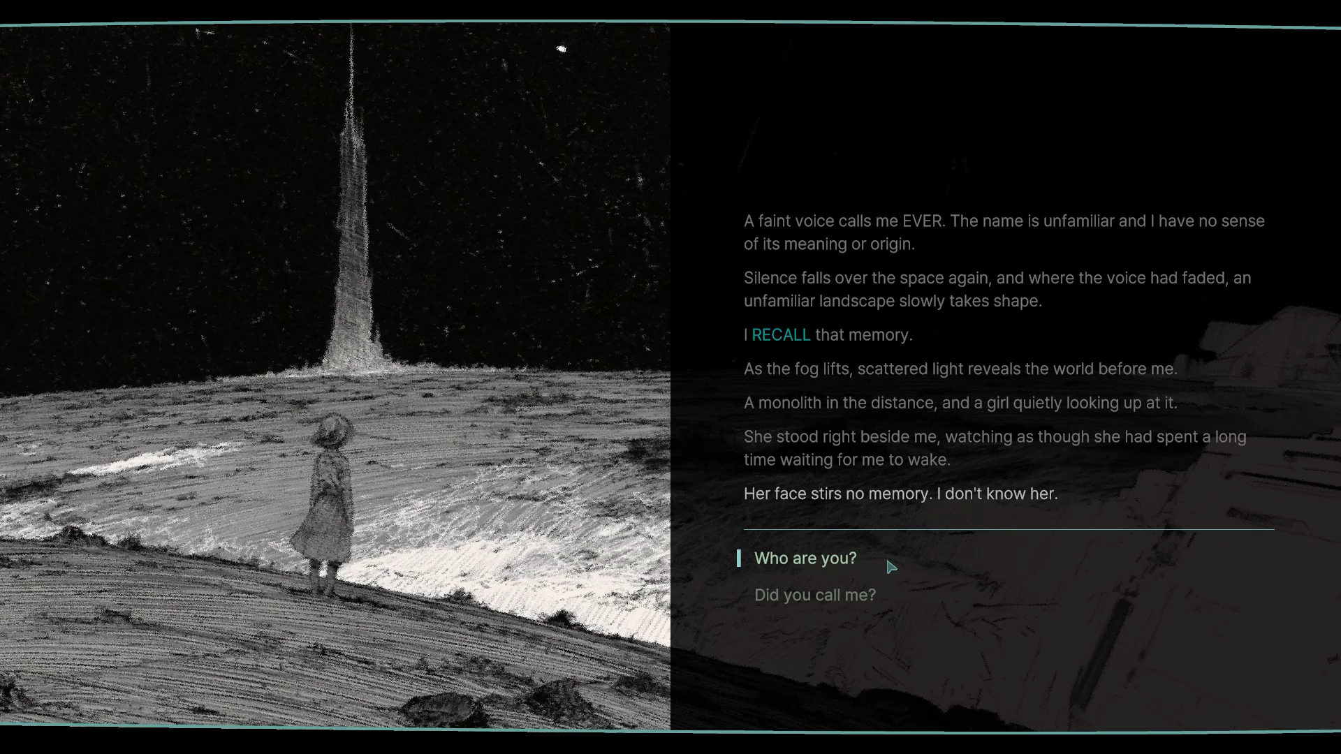 A memory scene of a girl facing a distant monolith with dialogue choices
